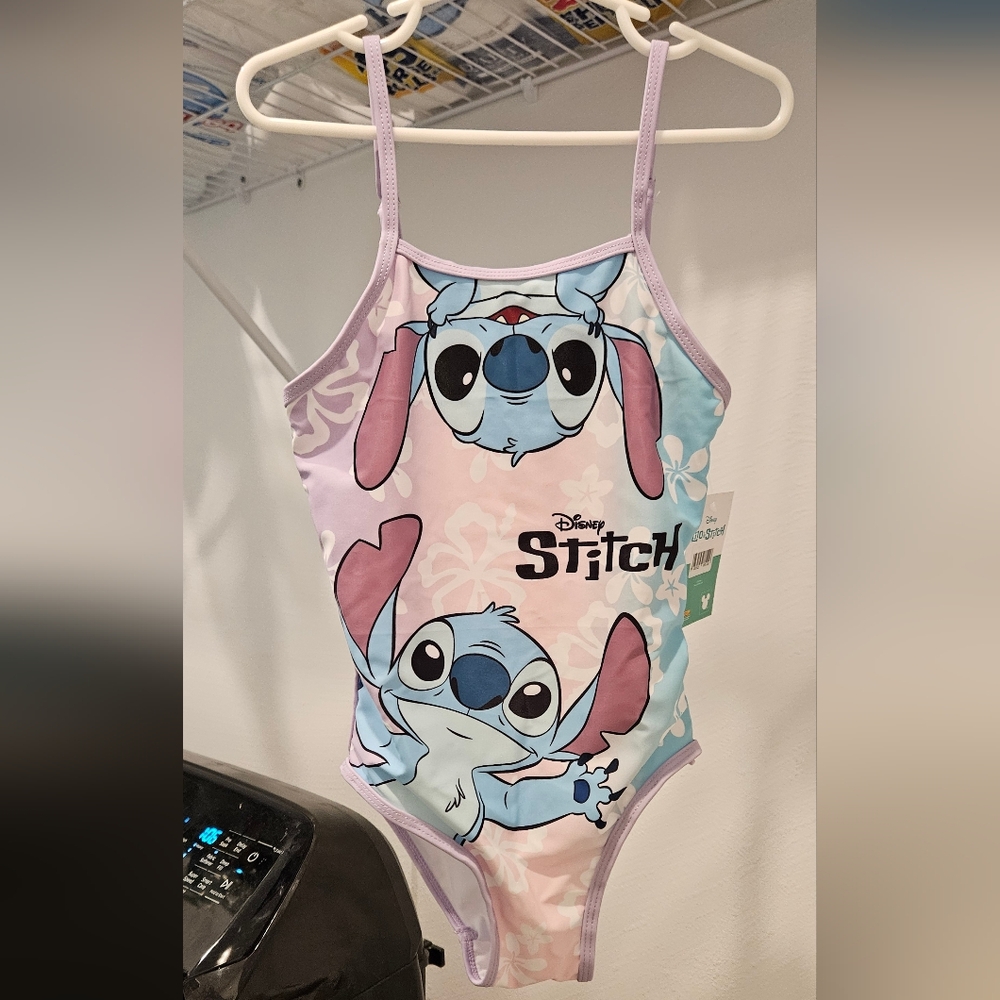 Disney Stitch character one piece swimsuit light purple & blue adjustable straps